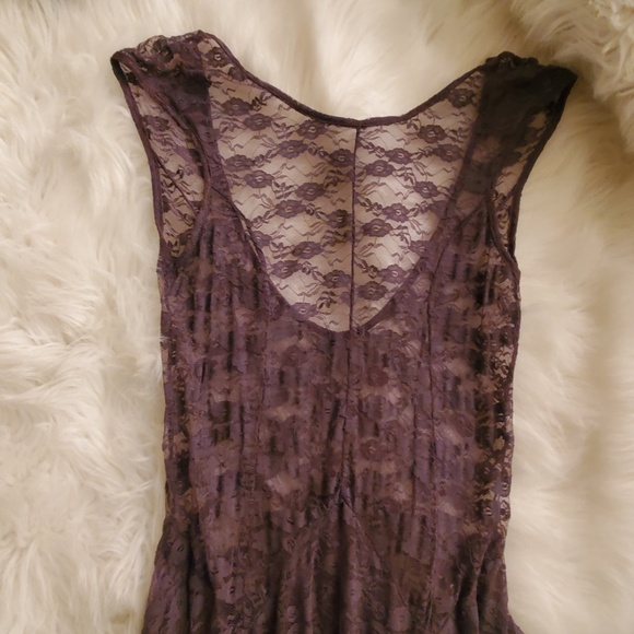 Purple Sheer Lace Victorian Tea Length Midi Dress - Picture 3 of 12